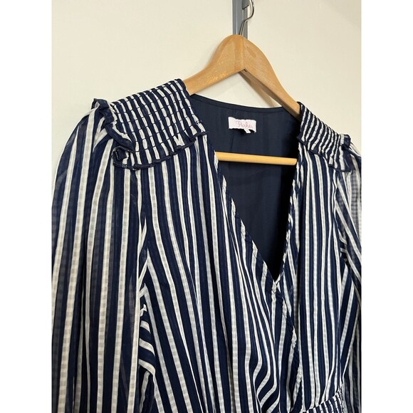 Parker Navy White Stripe V Neck Smocked Peplum Long Sleeve Blouse Size S - Picture 3 of 9